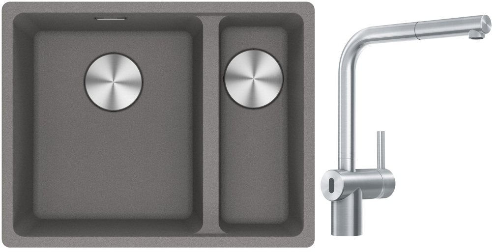 Franke Maris MRG 160-34-15SBR zlewozmywak 52x40 cm Fragranite kamienny szary z baterią kuchenną Atlas Neo Sensor stal szlachetna ...