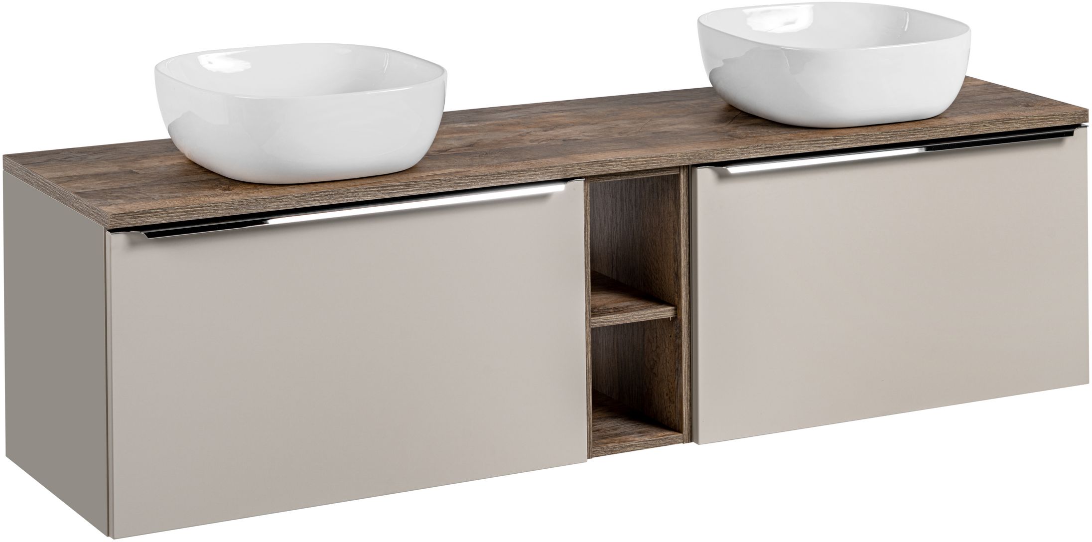 Zestaw Comad Santa Fe Taupe szafka 80x45,6x46 cm podumywalkowa wisząca beżowa z blatem, umywalkami i regałem SET-SFT B 180CM UN 6252