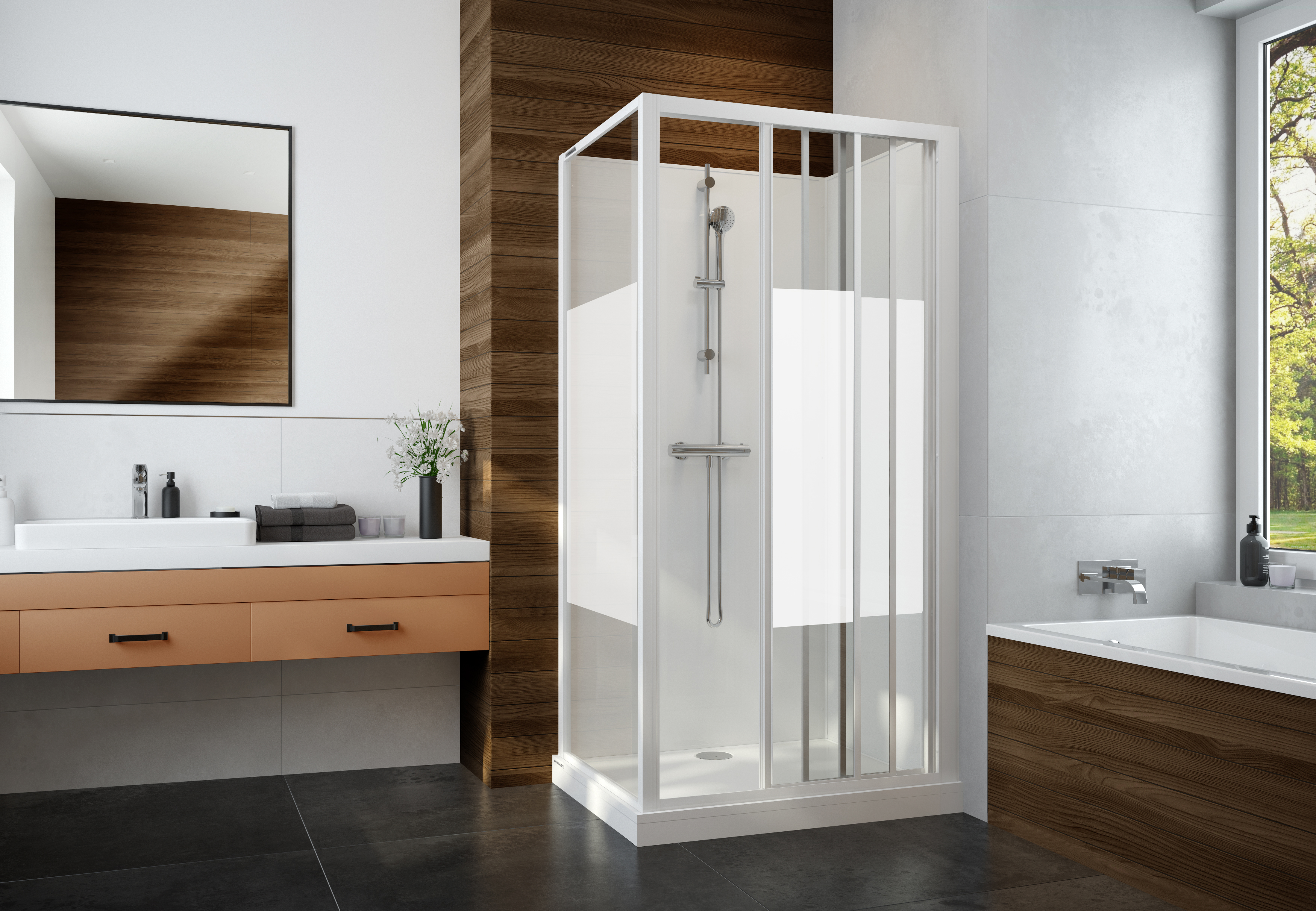 Sanplast Basic Complete Mineral kabina z brodzikiem i zestawem prysznicowym 120x90 cm prostokątna biały połysk/szkło ze wzorem ...