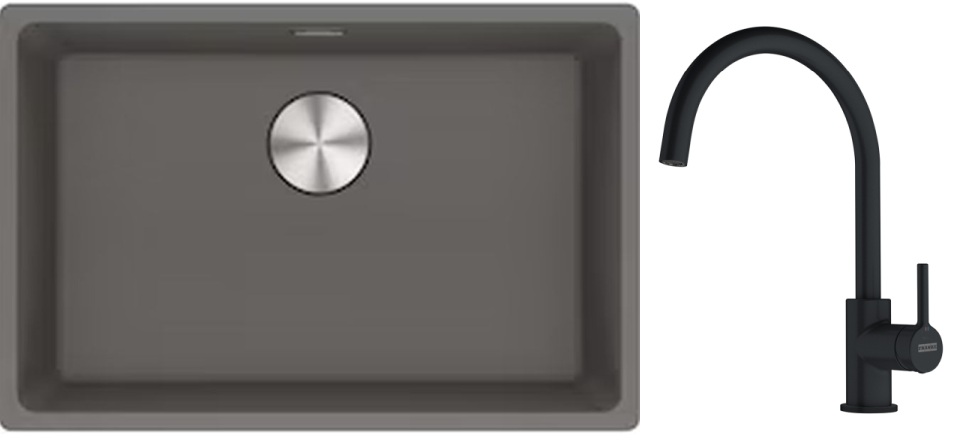 Franke Maris MRG 110-62 zlewozmywak 62x40 cm Fragranite kamienny szary z baterią kuchenną Lina czarny mat (1250687258, 1150626019)