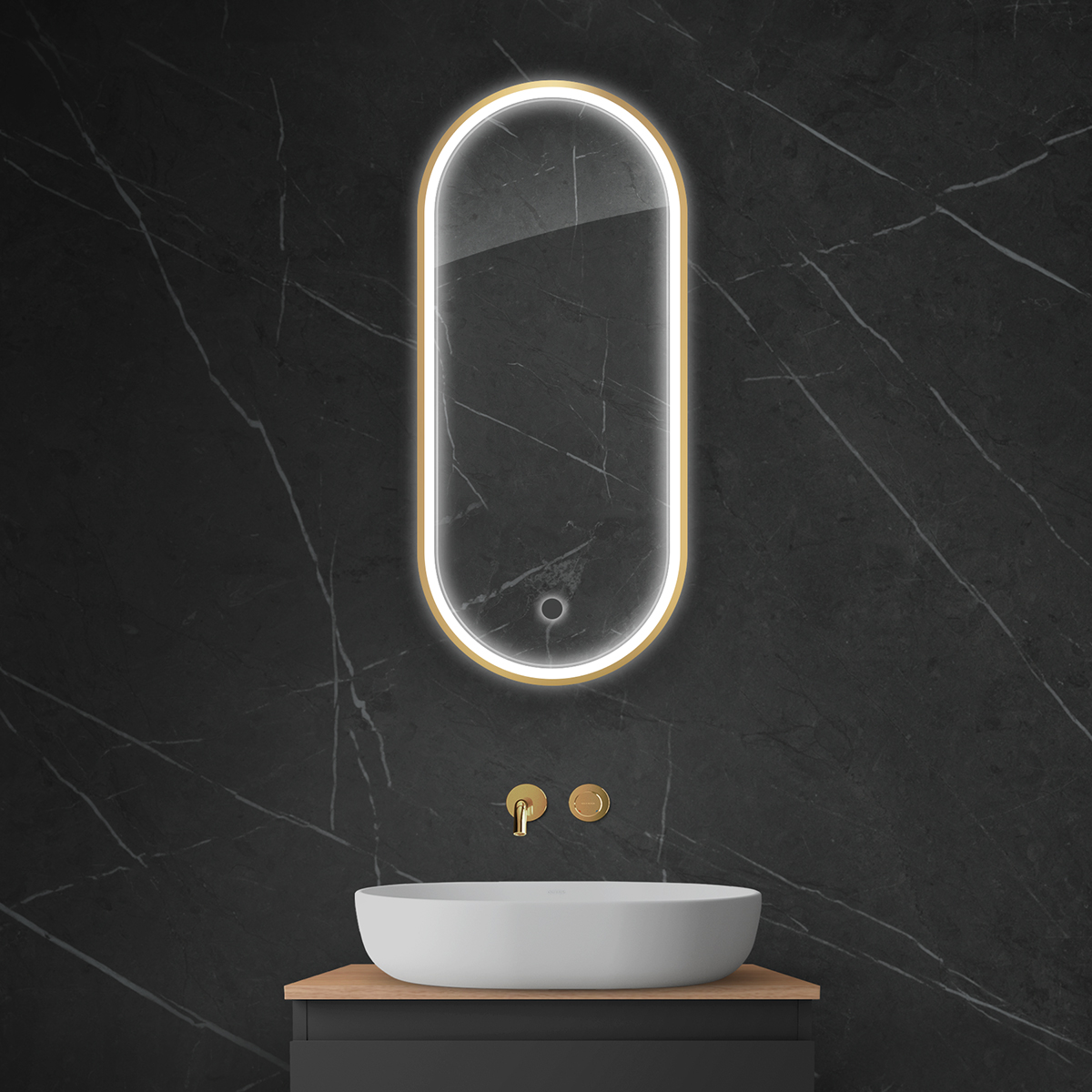 Oltens Nordlis lustro 40x90 cm owalne z oświetleniem z przodu z matą grzewczą złoty 64103800 - Wysyłka w 24h