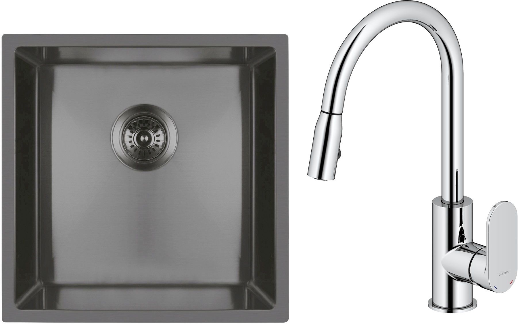 Zestaw Oltens Stalvask zlewozmywak stalowy 44x44 cm z baterią kuchenną Lista czarny/chrom (71100300, 35202100) - Wysyłka w 24h