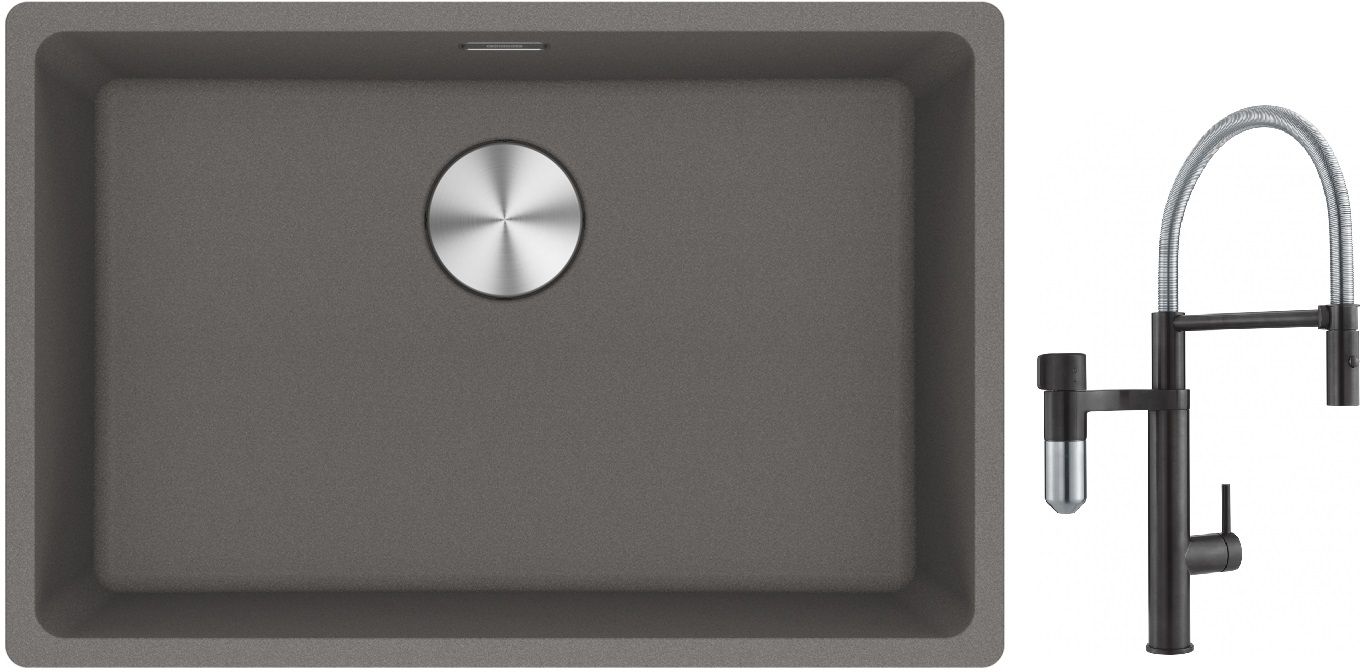 Franke Maris MRG 110-62 zlewozmywak 62x40 cm Fragranite kamienny szary z baterią kuchenną Vital Semi-Pro czarny mat/stal (1250687258, ...