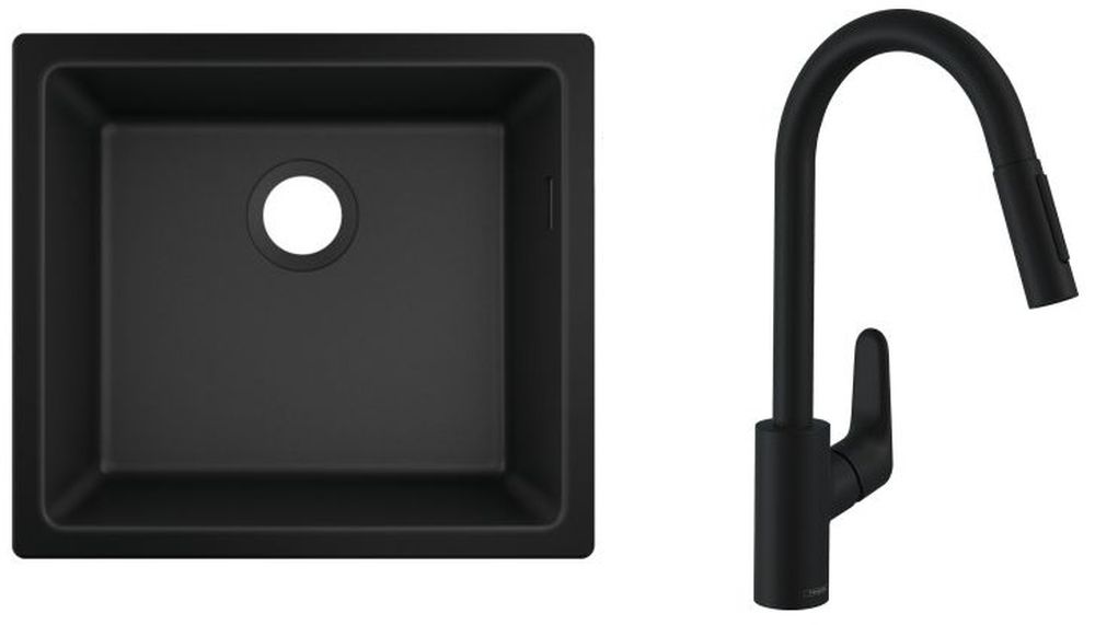 Zestaw Hansgrohe S510-U450 zlewozmywak granitowy czarny z baterią kuchenną Focus czarny mat (43431170, 31815670)