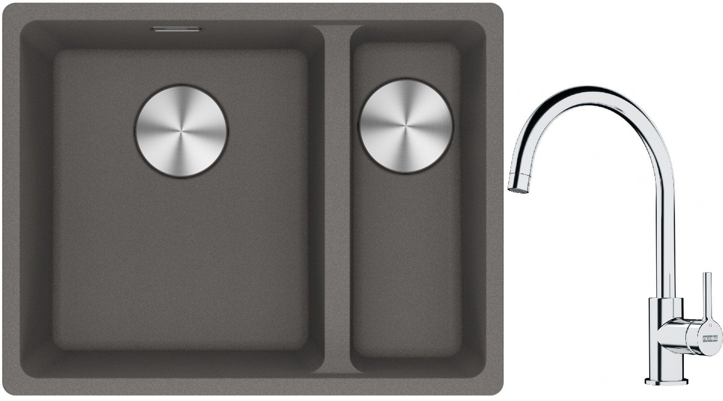Franke Maris MRG 160-34-15SBR zlewozmywak 52x40 cm Fragranite kamienny szary z baterią kuchenną Lina chrom (1250687266, 1150693228)
