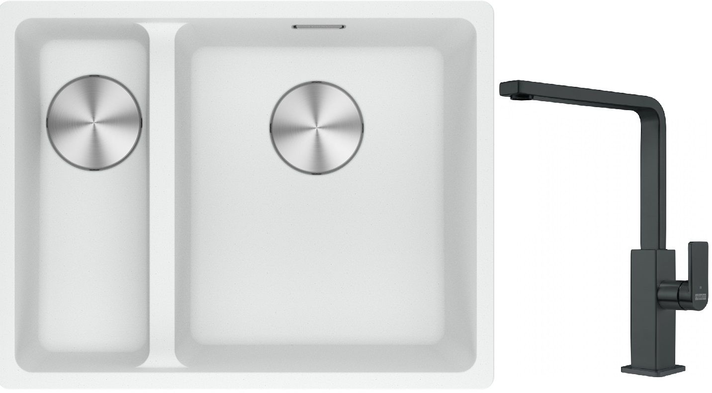 Franke Maris MRG 160-34-15SBL zlewozmywak 52x40 cm Fragranite biały polarny z baterią kuchenną Mythos czarna stal szlachetna ...