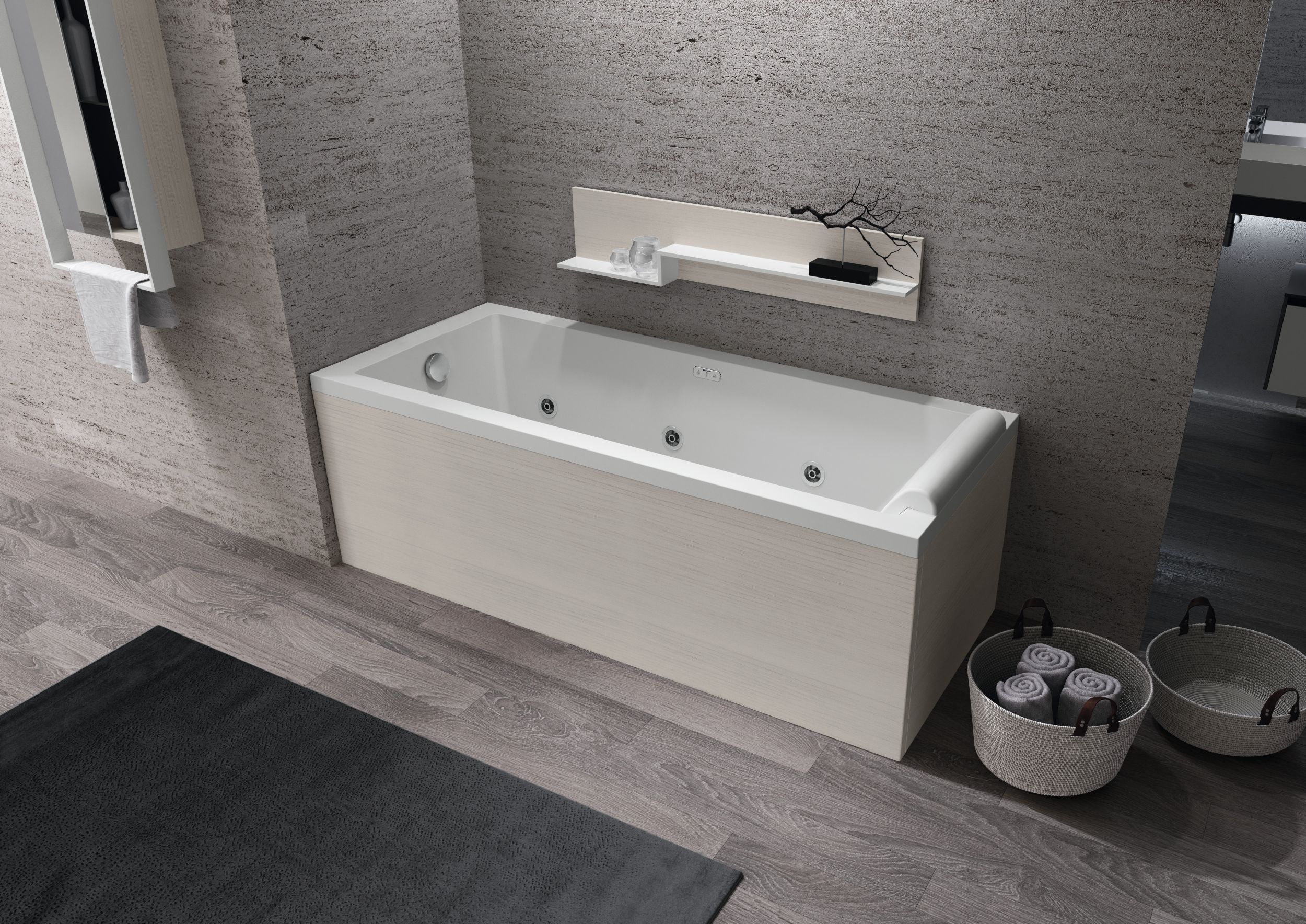 Novellini Calos 2.0 wanna prostokątna 170x70 cm z hydromasażem wodno-powietrznym Hydro Plus z obudową przednią White Wood/biała ...