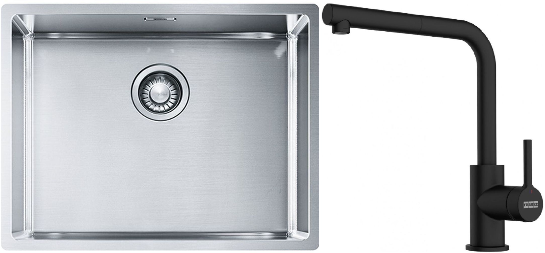 Franke Box BXX 110-54/ BXX 210-54 zlewozmywak 58x45 cm stalowy z baterią kuchenną Lina czarny mat (1270453660, 1150712435)