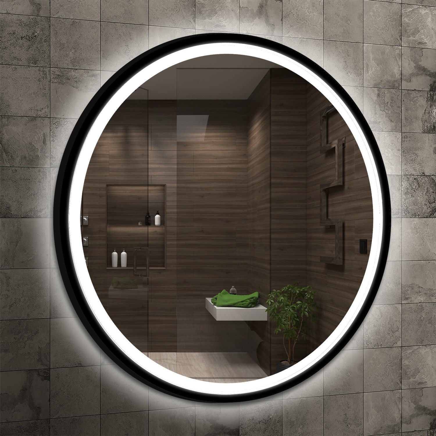 Venti Rund Led lustro 70x70 cm okrągłe z oświetleniem czarny - Wysyłka w 24h