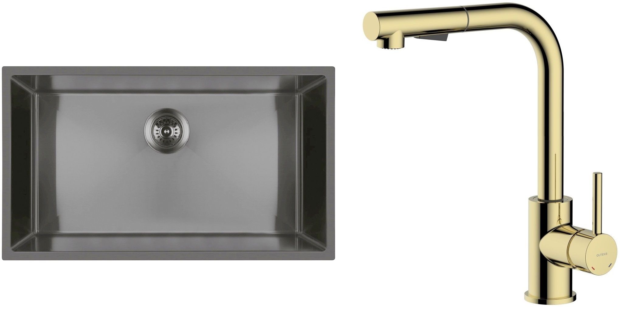 Zestaw Oltens Stalvask zlewozmywak stalowy 76x44 cm z baterią kuchenną Myvat czarny/złoty połysk (71102300, 35205800) - Wysyłka w 24h