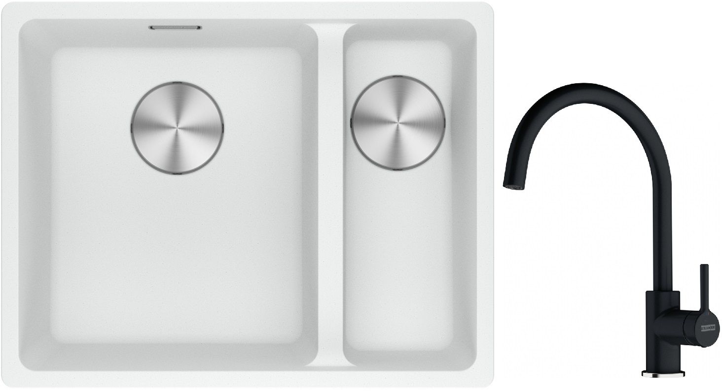 Franke Maris MRG 160-34-15SBR zlewozmywak 52x40 cm Fragranite biały polarny z baterią kuchenną Lina onyx (1250687267, 1150626020)