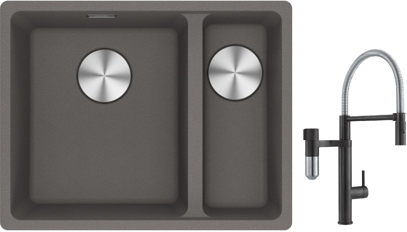 Franke Maris MRG 160-34-15SBR zlewozmywak 52x40 cm Fragranite kamienny szary z baterią kuchenną Vital Semi-Pro czarny mat/stal ...