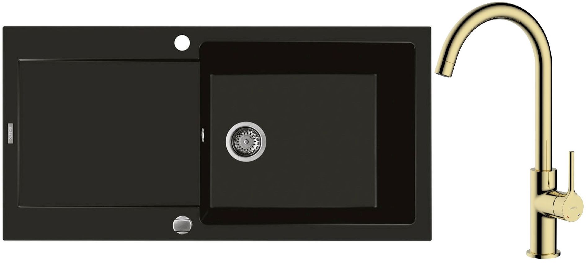 Zestaw Oltens Gravan zlewozmywak granitowy 1-komorowy 100x50 cm z baterią kuchenną Skafta czarny mat/złoty połysk (72101300, 35206800) - Wysyłka w 24h