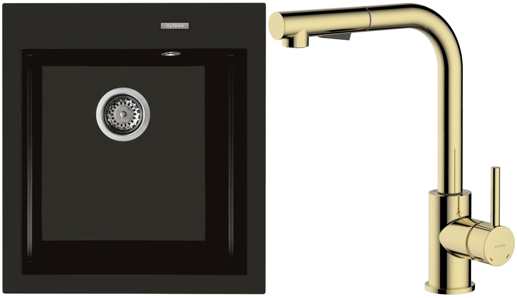 Zestaw Oltens Gravan zlewozmywak granitowy 1-komorowy 47x51,5 cm z baterią kuchenną Myvat czarny mat/złoty połysk (72001300, 35205800) - Wysyłka w 24h