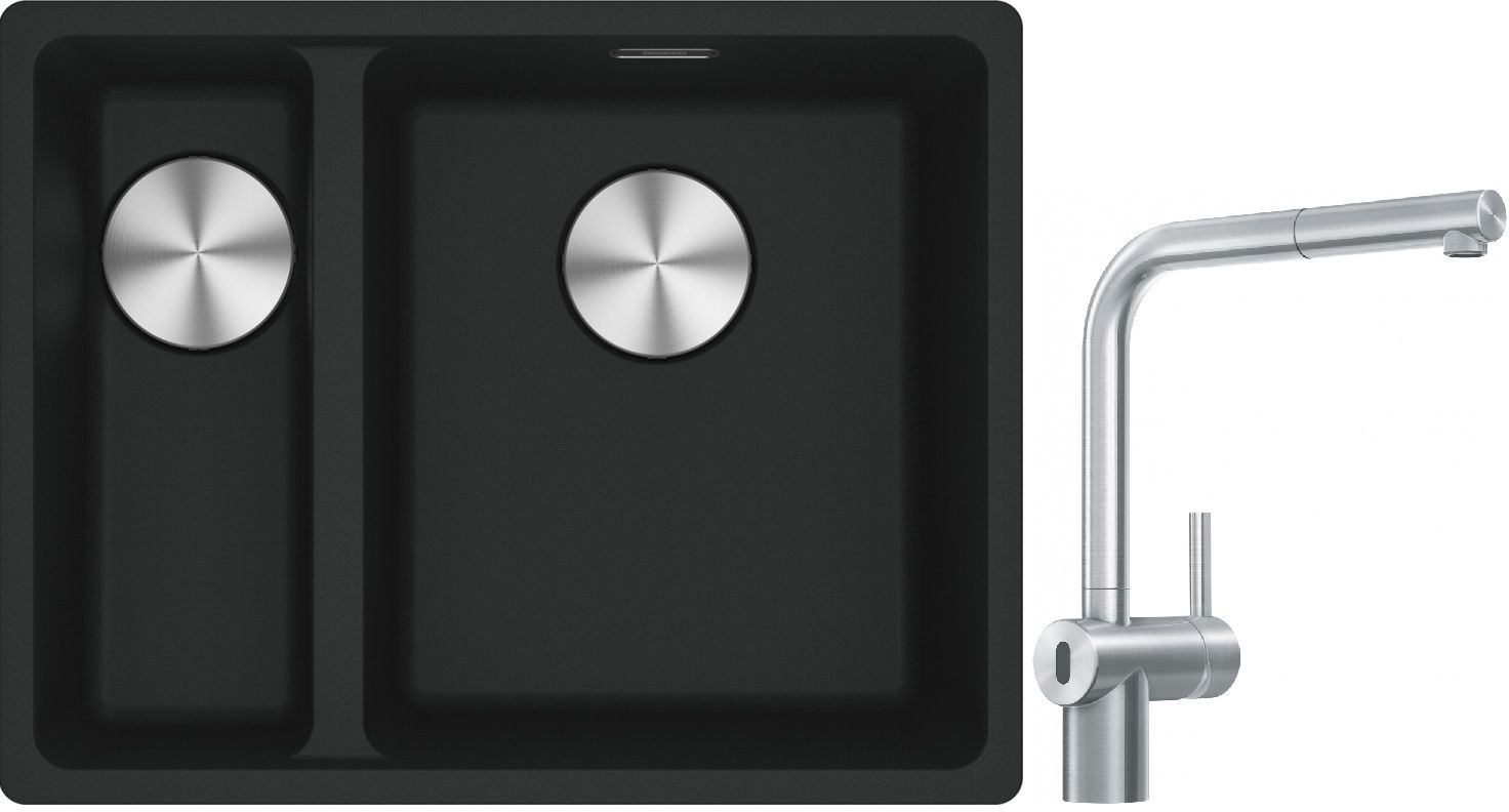 Franke Maris MRG 160-34-15SBL zlewozmywak 52x40 cm Fragranite czarny mat z baterią kuchenną Atlas Neo Sensor stal szlachetna (1250687268, ...
