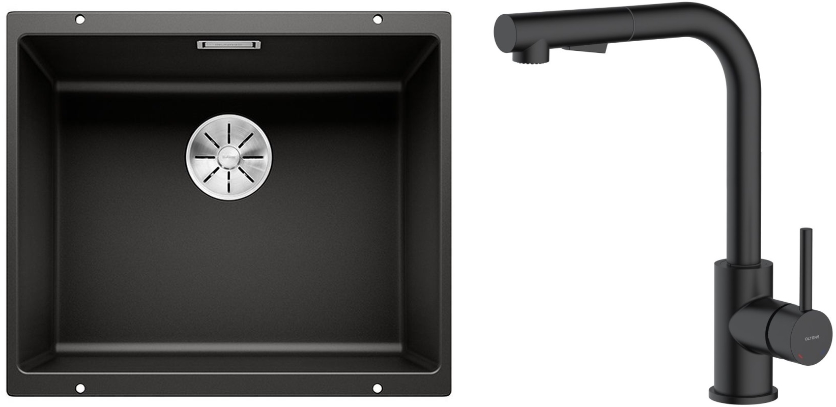 Zestaw Blanco Subline 500-U zlewozmywak granitowy 50x40 cm z baterią kuchenną Oltens Myvat czarny mat (35205300, 525995) - Wysyłka w 24h