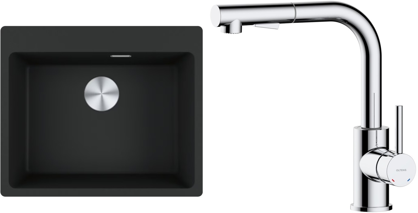 Zestaw Franke Maris MRG 610-54 FTL zlewozmywak 59x50 cm z baterią kuchenną Oltens Myvat czarny mat/chrom (1140661794, 35205100) - Wysyłka w 24h