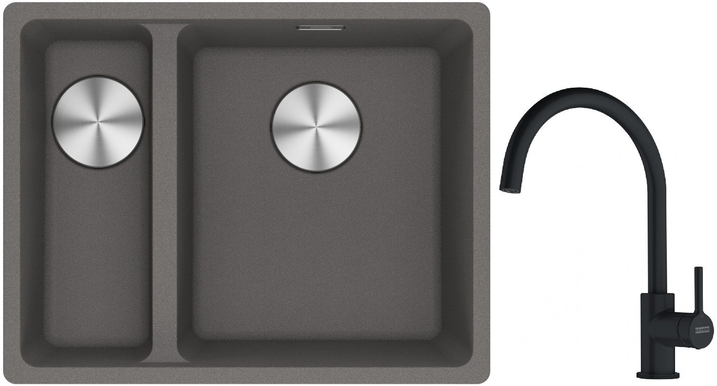 Franke Maris MRG 160-34-15SBL zlewozmywak 52x40 cm Fragranite kamienny szary z baterią kuchenną Lina czarny mat (1250687270, 1150626019)