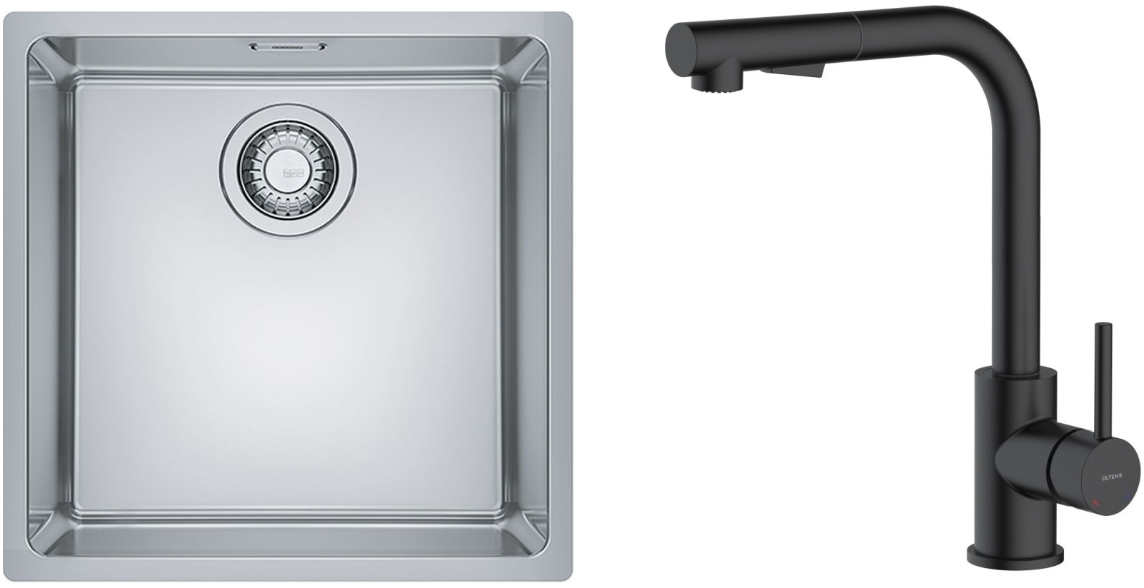Zestaw Franke Maris MRX 110-40 zlewozmywak 40x40 cm z baterią kuchenną Oltens Myvat stal szczotkowana/czarny mat (1220543995, 35205300)