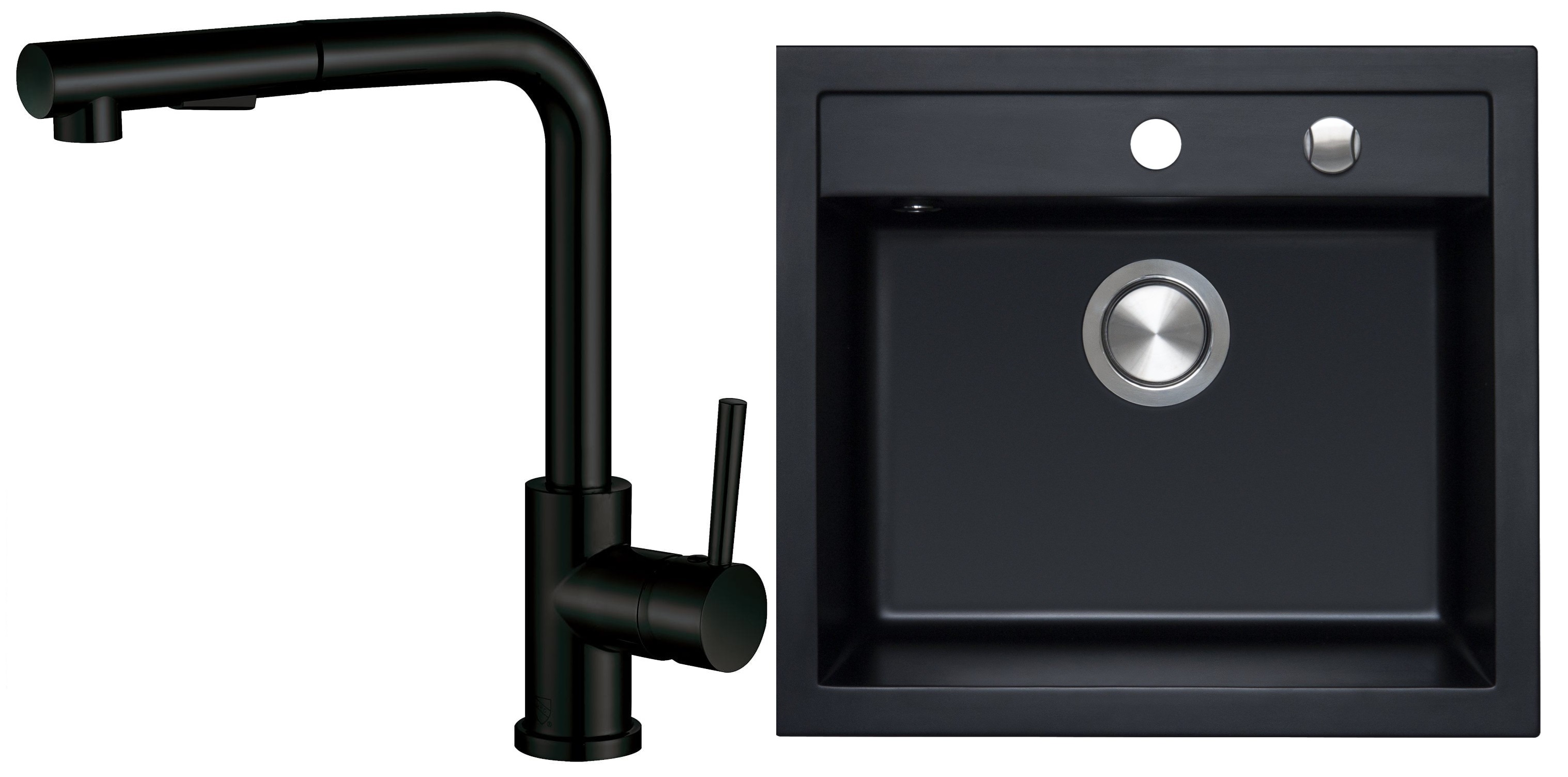 Berg Hobart zlewozmywak granitowy 56,5x51 cm z baterią kuchenną Porta bazalt/czarny mat (BRQ19104, 130231PH)