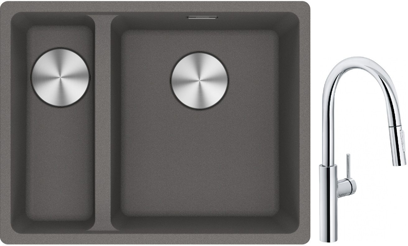Franke Maris MRG 160-34-15SBL zlewozmywak 52x40 cm Fragranite kamienny szary z baterią kuchenną Pescara L Slide-In chrom (1250687270, ...