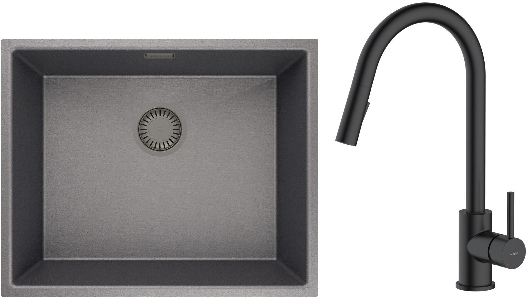 Zestaw Oltens Stalvask zlewozmywak stalowy 54x44 cm z baterią kuchenną Litla czarny/czarny mat (71101300, 35204300) - Wysyłka w 24h