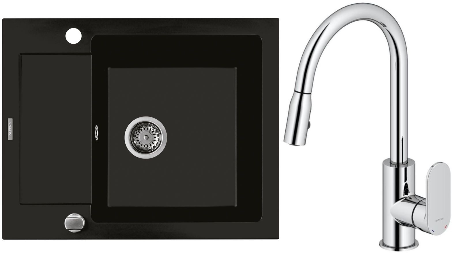 Zestaw Oltens Gravan zlewozmywak granitowy 1-komorowy 62x50 cm z baterią kuchenną Lista czarny mat/chrom (72102300, 35202100) - Wysyłka w 24h