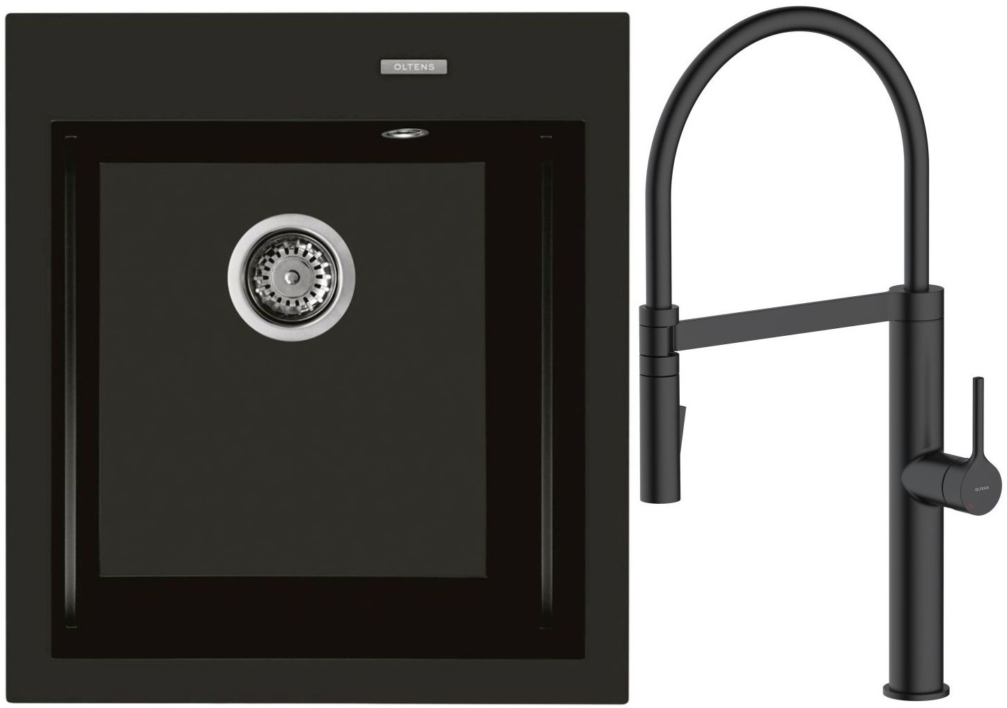 Zestaw Oltens Gravan zlewozmywak granitowy 1-komorowy 47x51,5 cm z baterią kuchenną Borga czarny mat (72001300, 35207300) - Wysyłka w 24h