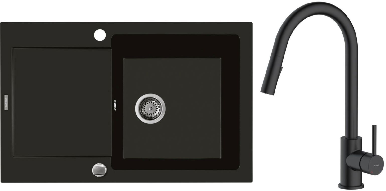 Zestaw Oltens Gravan zlewozmywak granitowy 1-komorowy 79x50 cm z baterią kuchenną Litla czarny mat (72100300, 35204300) - Wysyłka w 24h