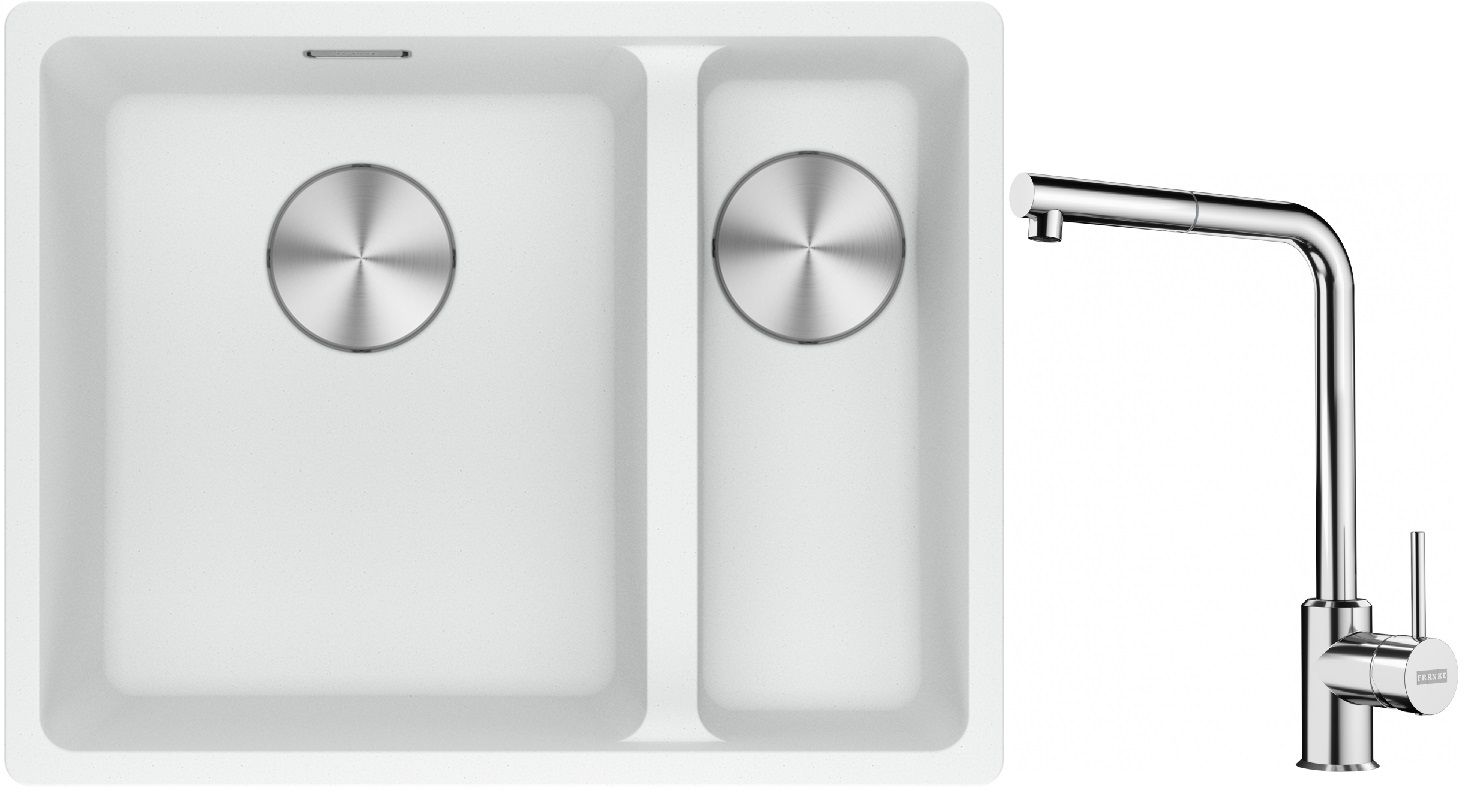 Franke Maris MRG 160-34-15SBR zlewozmywak 52x40 cm Fragranite biały polarny z baterią kuchenną Sirius Side chrom (1250687267, 1150668280)