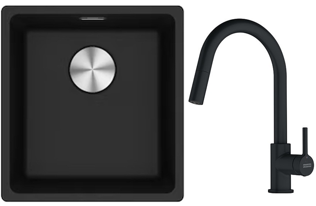 Franke Maris MRG 110-37 zlewozmywak 40x37 cm Fragranite onyx z baterią kuchenną Lina czarny mat (1250687249, 1150626053)