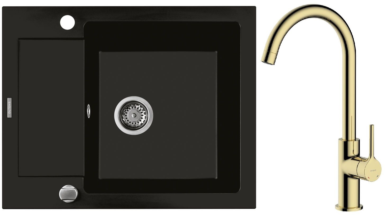 Zestaw Oltens Gravan zlewozmywak granitowy 1-komorowy 62x50 cm z baterią kuchenną Skafta czarny mat/złoty połysk (72102300, 35206800) - Wysyłka w 24h