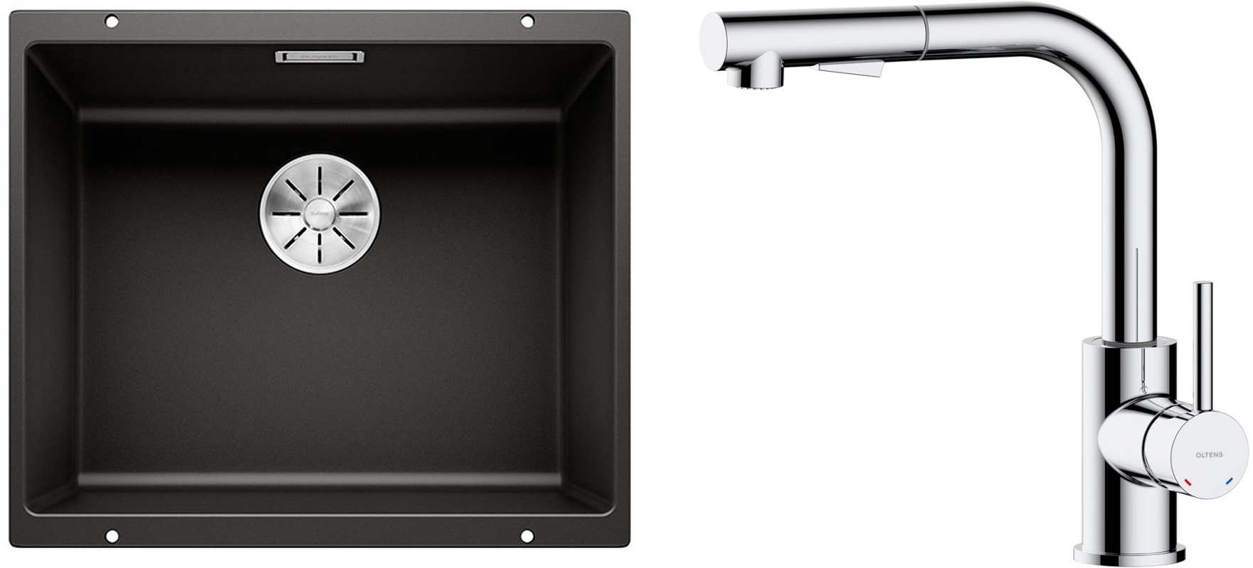 Zestaw Blanco Subline 500-U zlewozmywak granitowy 50x40 cm z baterią kuchenną Oltens Myvat czarny mat/chrom (35205100, 525995) - Wysyłka w 24h