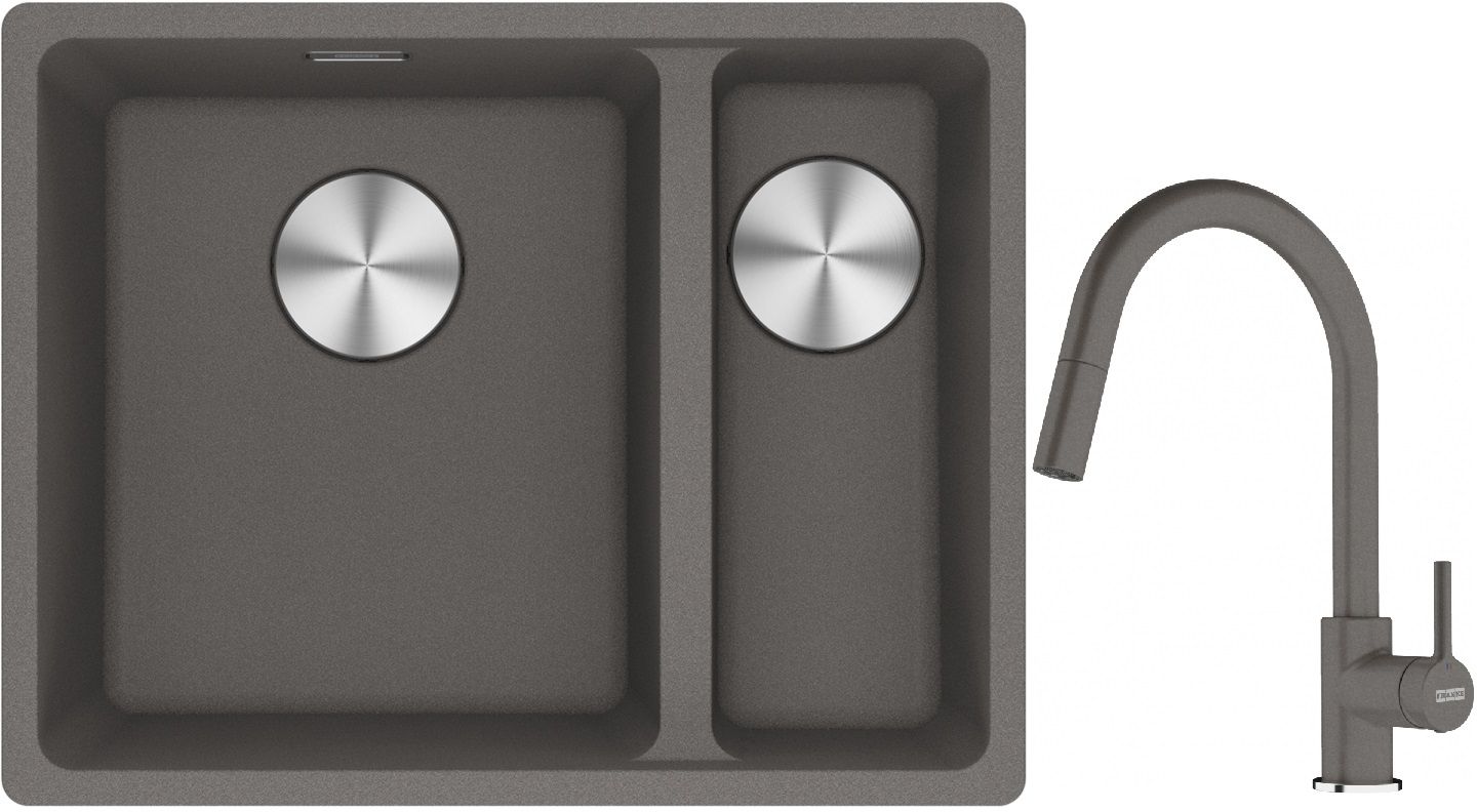 Franke Maris MRG 160-34-15SBR zlewozmywak 52x40 cm Fragranite kamienny szary z baterią kuchenną Lina kamienny szary (1250687266, ...