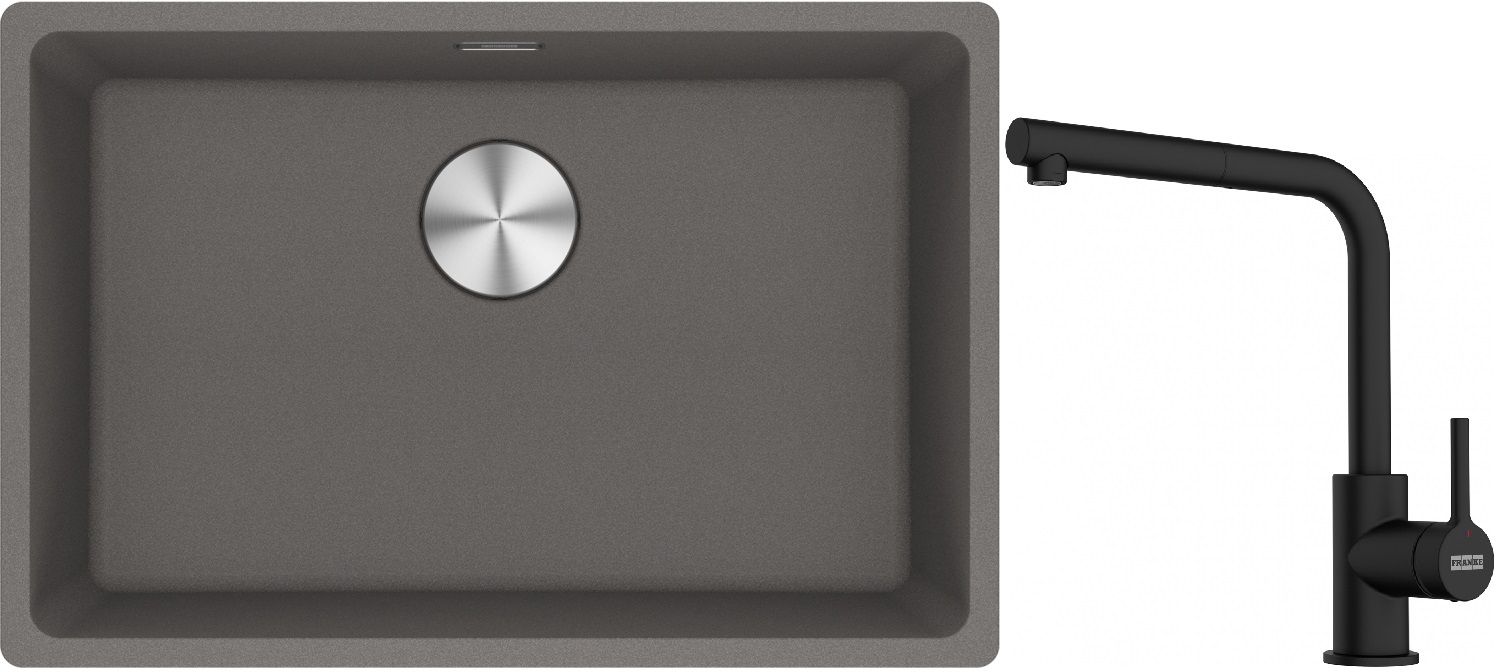 Franke Maris MRG 110-62 zlewozmywak 62x40 cm Fragranite kamienny szary z baterią kuchenną Lina czarny mat (1250687258, 1150712435)