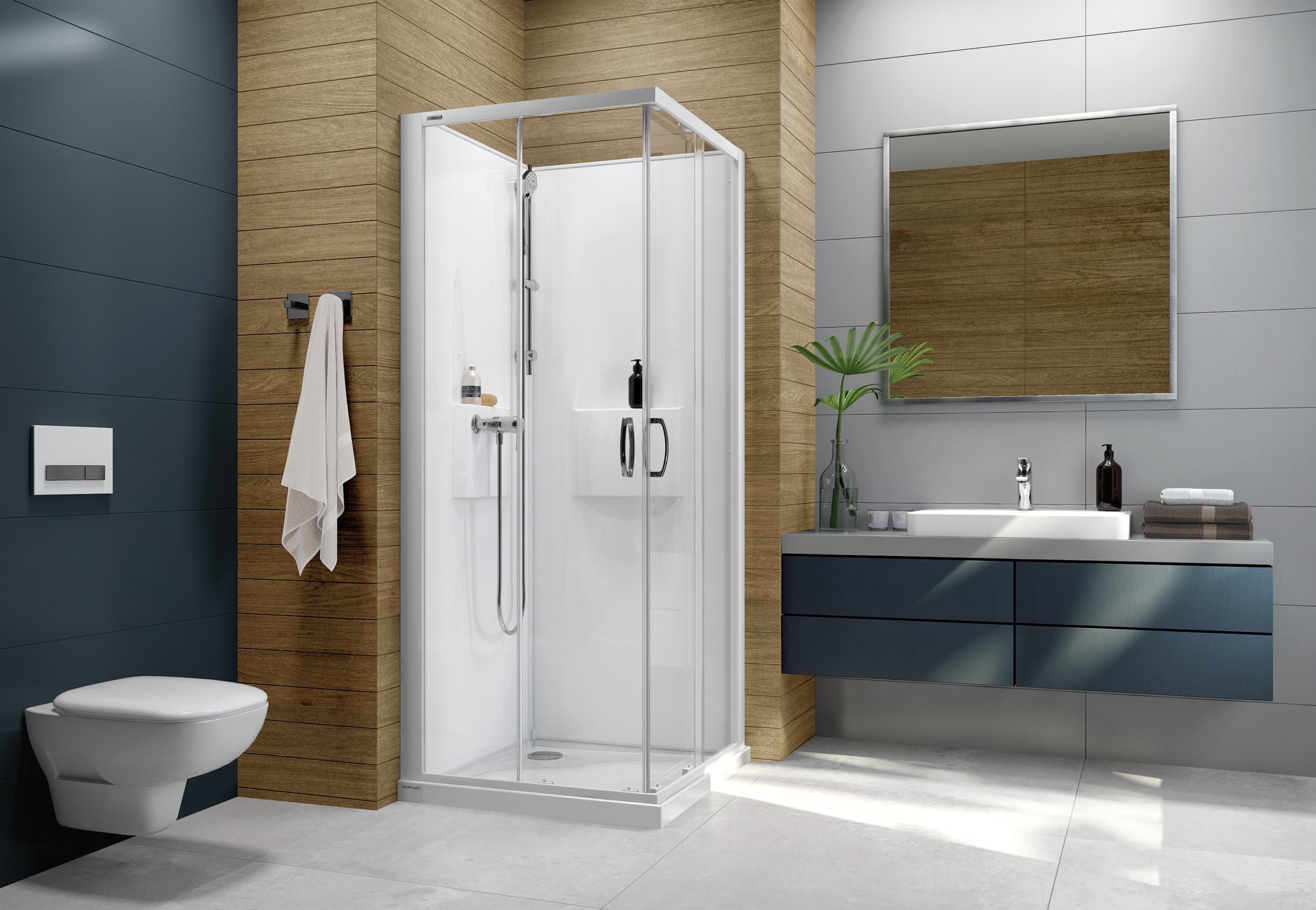 Sanplast Basic Complete Mineral kabina z brodzikiem i zestawem prysznicowym 100x80 cm prostokątna biały połysk/szkło przezroczyste ...