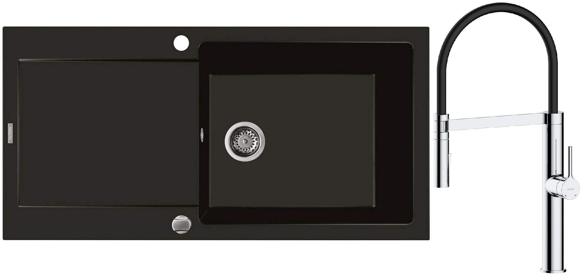 Zestaw Oltens Gravan zlewozmywak granitowy 1-komorowy 100x50 cm z baterią kuchenną Broga czarny mat/chrom (72101300, 35207100) - Wysyłka w 24h