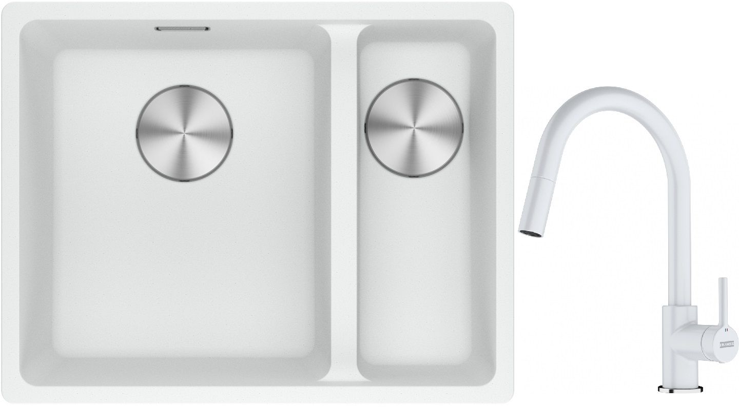 Franke Maris MRG 160-34-15SBR zlewozmywak 52x40 cm Fragranite biały polarny z baterią kuchenną Lina biały polarny (1250687267, ...
