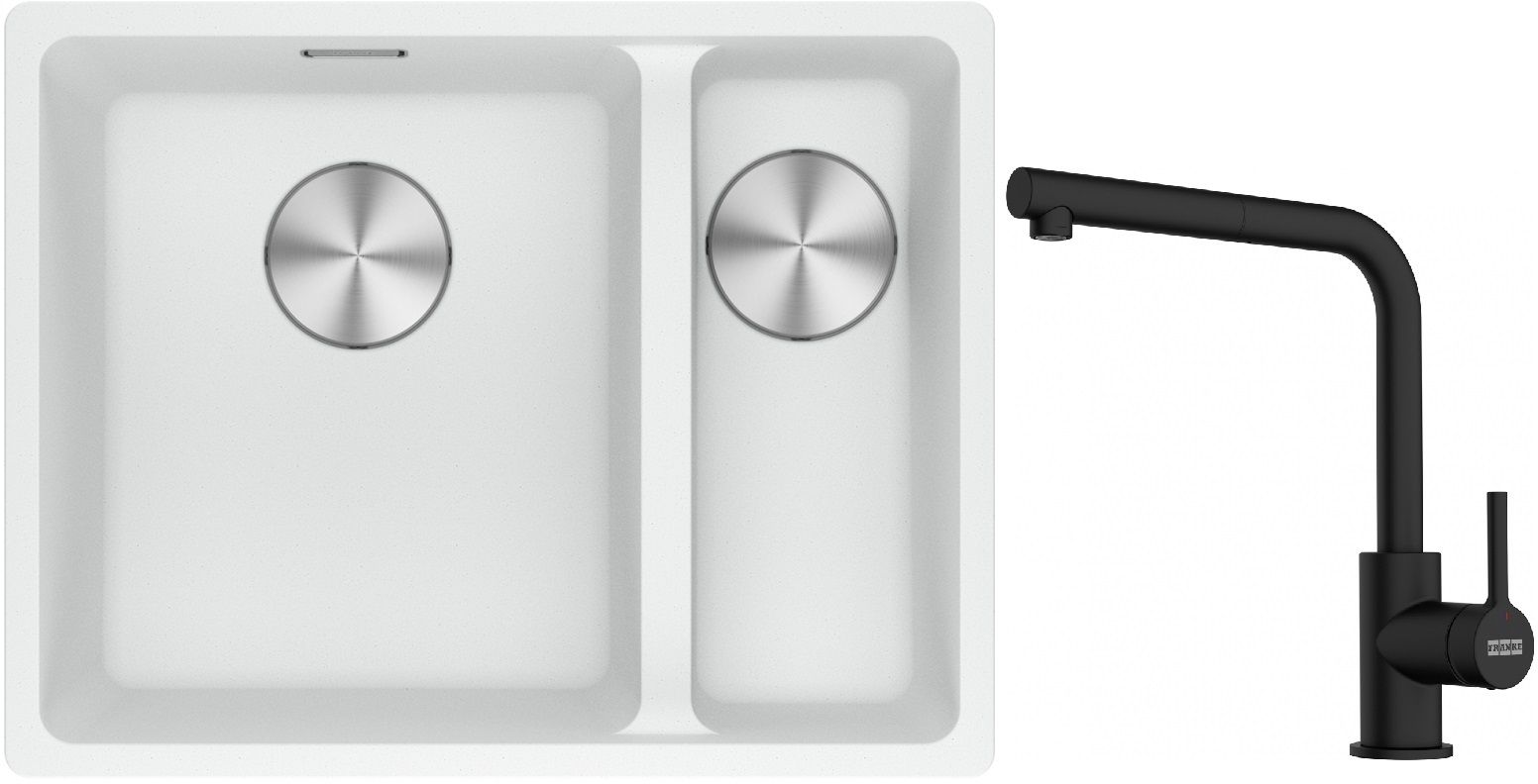 Franke Maris MRG 160-34-15SBR zlewozmywak 52x40 cm Fragranite biały polarny z baterią kuchenną Lina czarny mat (1250687267, 1150712435)