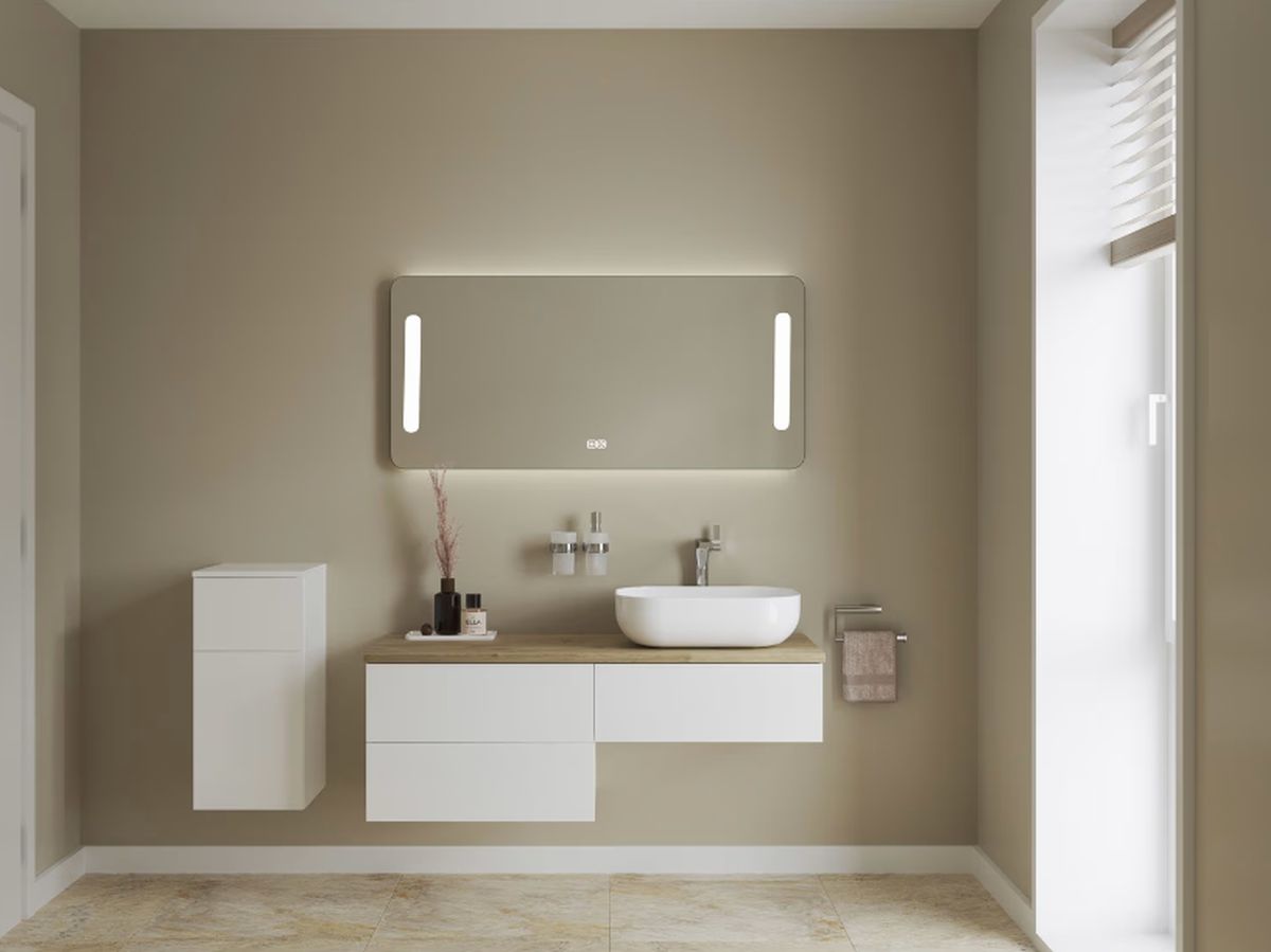 Kronenbach Cube szafka z blatem 121x48,7x44,5 cm podumywalkowa wisząca biały połysk-jasny dąb KBWTKOWTL1213WHGH