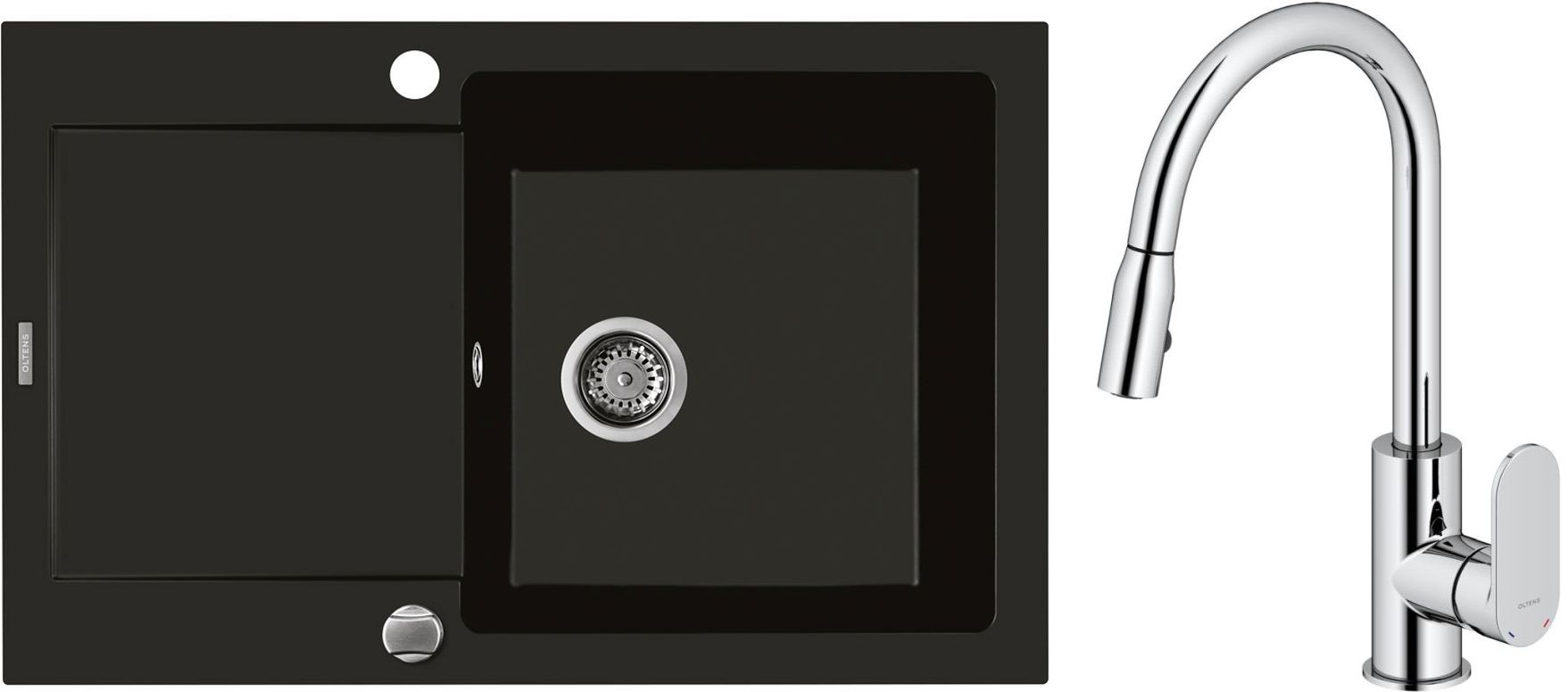 Zestaw Oltens Gravan zlewozmywak granitowy 1-komorowy 79x50 cm z baterią kuchenną Lista czarny mat/chrom (72100300, 35202100) - Wysyłka w 24h