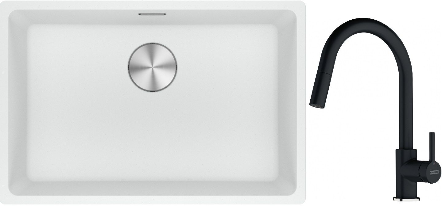 Franke Maris MRG 110-62 zlewozmywak 62x40 cm Fragranite biały polarny z baterią kuchenną Lina onyx (1250687259, 1150626055)