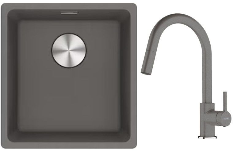 Franke Maris MRG 110-37 zlewozmywak 40x37 cm Fragranite z baterią kuchenną Lina kamienny szary (1250687250, 1150626057)