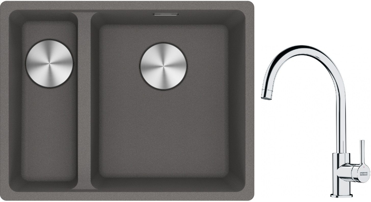 Franke Maris MRG 160-34-15SBL zlewozmywak 52x40 cm Fragranite kamienny szary z baterią kuchenną Lina chrom (1250687270, 1150693228)