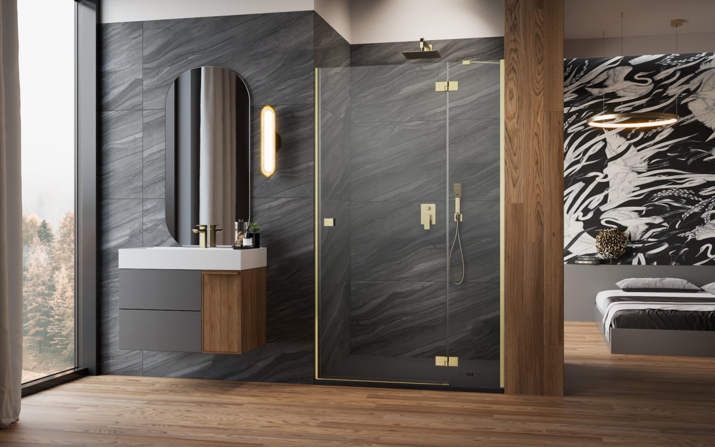 Radaway Essenza New DWJ drzwi prysznicowe 80 cm prawe złoty szczotkowany/szkło przezroczyste 1385012-99-01R