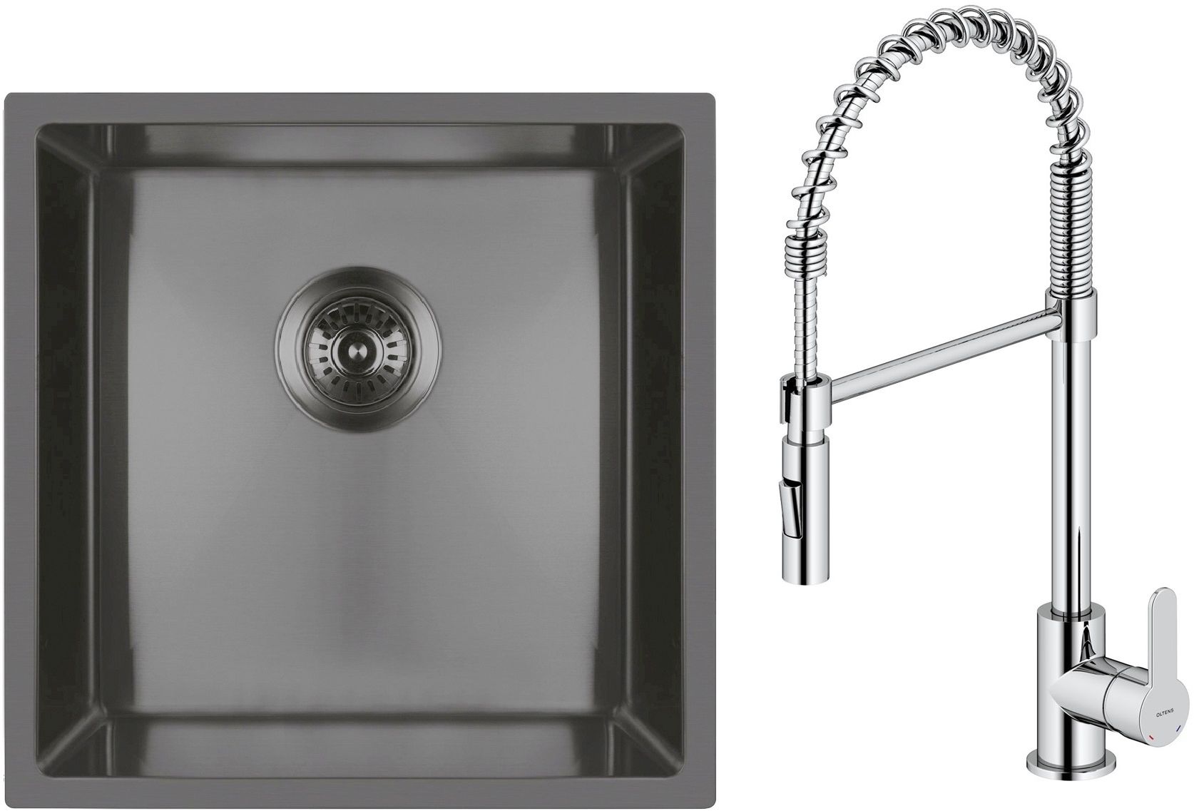 Zestaw Oltens Stalvask zlewozmywak stalowy 44x44 cm z baterią kuchenną Duf czarny/chrom (71100300, 35203100) - Wysyłka w 24h