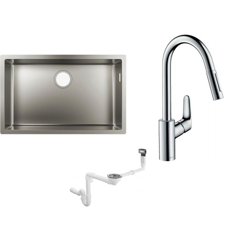 Zestaw Hansgrohe S719-U660 zlewozmywak stalowy z baterią kucheną Focus chrom i syfon (43428800, 31815000, 43921800)
