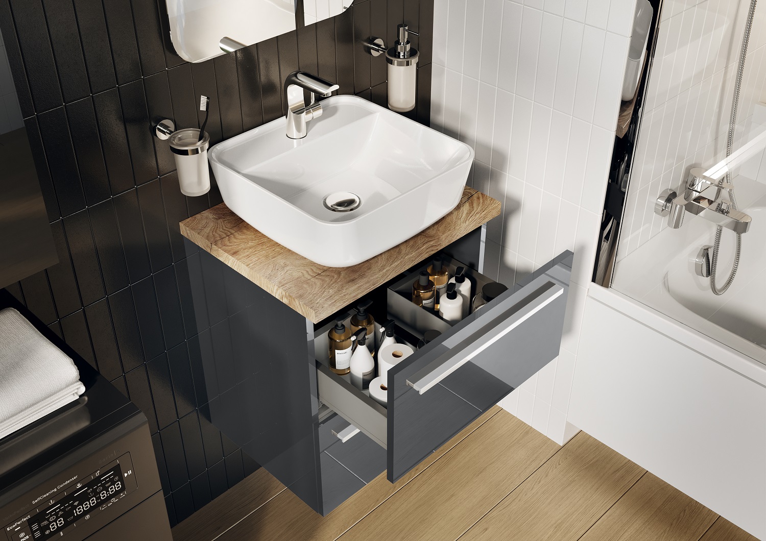 Elita Kwado Plus zestaw meblowy 50 cm umywalka z szafką wiszący antracyt połysk/dąb classic 168445 - Wysyłka w 24h