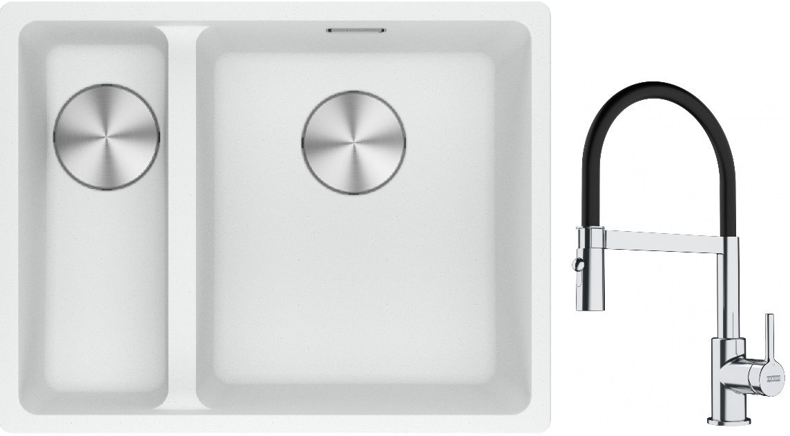 Franke Maris MRG 160-34-15SBL zlewozmywak 52x40 cm Fragranite biały polarny z baterią kuchenną Lina chrom/czarny (1250687271, 1150626085)