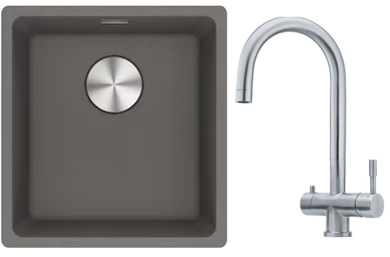 Franke Maris MRG 110-37 zlewozmywak 40x37 cm Fragranite kamienny szary z baterią kuchenną Eos stal szlachetna (1250687250, 1200179979)